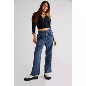Free People Freddie Distressed Navy Elastic Waist Pants